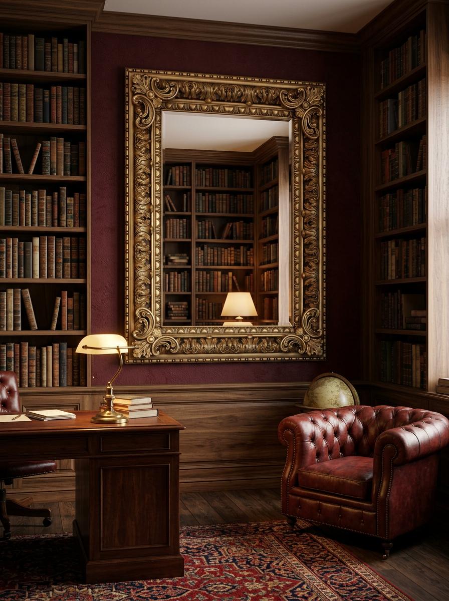 Зеркало Королевское в кабинете, книжные шкафы, кожа